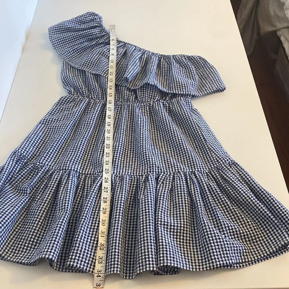 MINKPINK Wanderer Blue & White Gingham One-Shoulder Ruffle Dress Size Medium - Picture 8 of 8